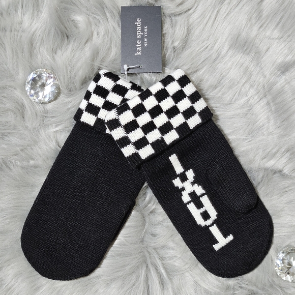 kate spade Accessories - Kate Spade Mittens Black White Wool Blend Taxi Checkerboard Preppy Streetwear